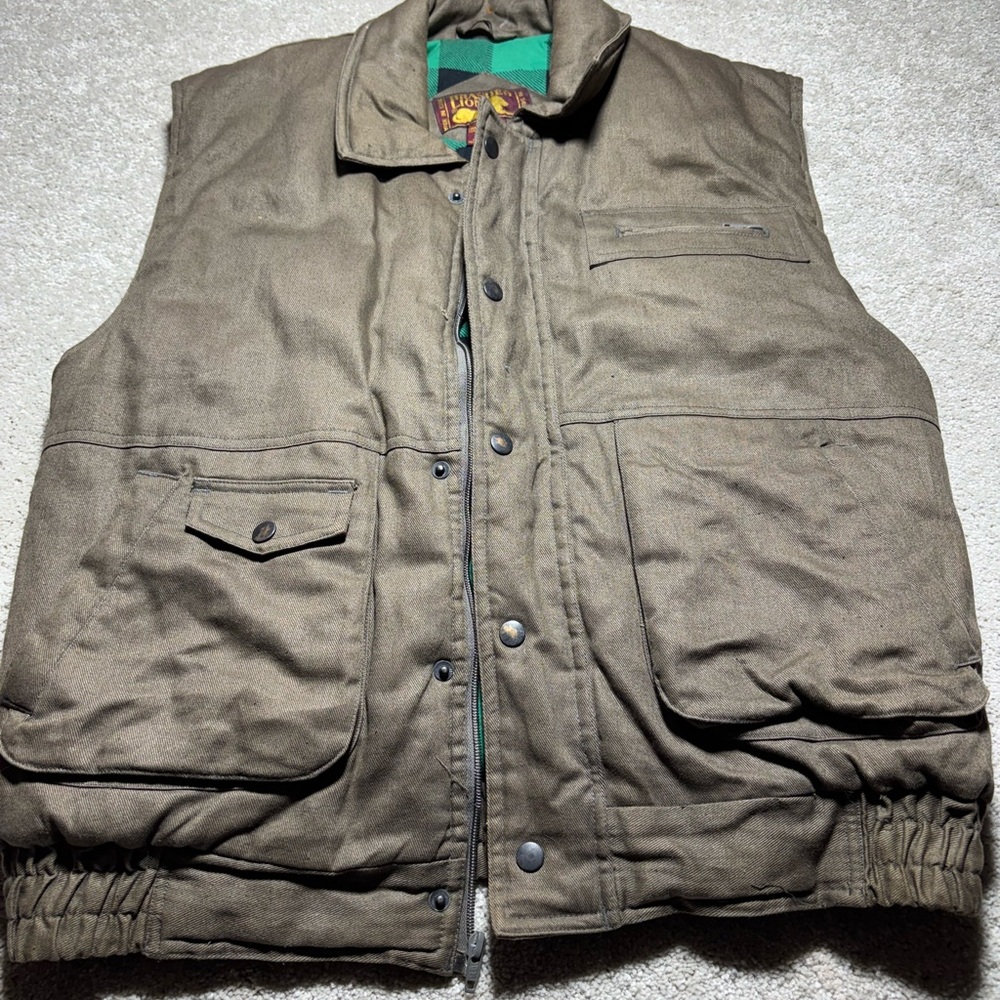 Vtg Branded Lion Mens Sz XL Cargo Vest Buffalo Green‎ Plaid Flannel Lined Huntin